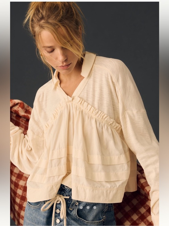 Pilcro Tops - Anthropology Pilcro Long-Sleeve V-Neck Ruffled Babydoll Top Size Medium